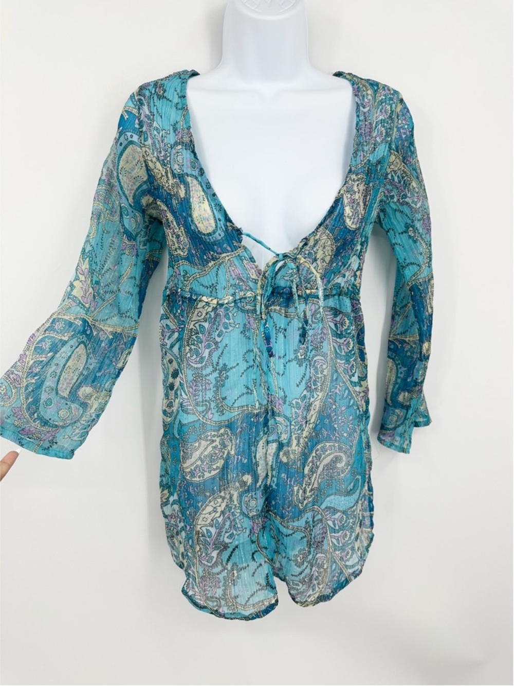 Vintage Y2K Blue Paisley Blouse Size Small Whimsical Fairycore V Neck